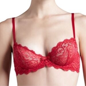 Simone Perele Celeste Red Lace Plunge‎ Demi Cup Bra Size 34E